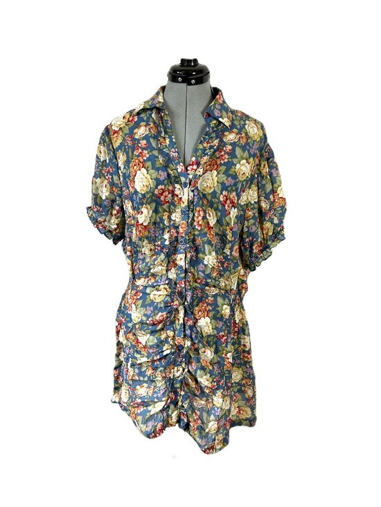 7 Colors Dresses & Skirts - Ruched Floral Button Up Shirt Dress 3X Short